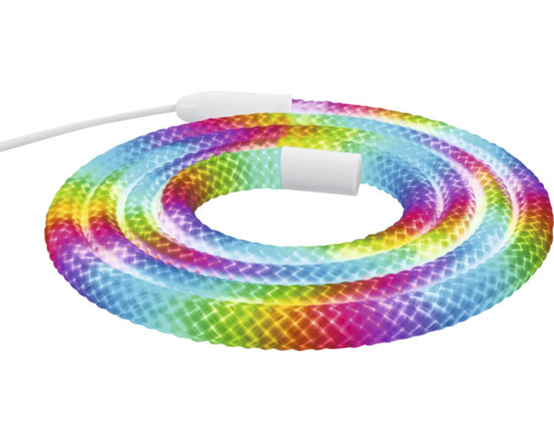 Flexibilní LED světelný had s barevnými duhovými barvami, smotaný.