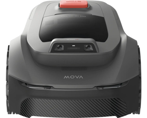 Robotická sekačka s červeným tlačítkem stop