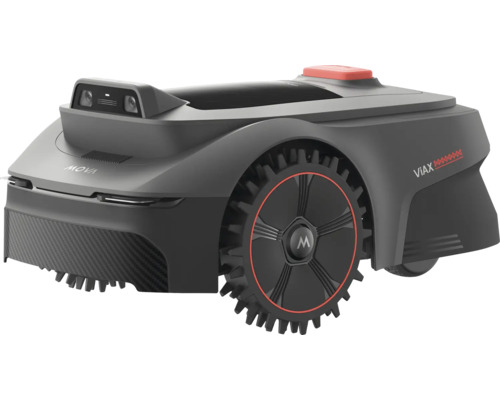 Robotická sekačka s červeným tlačítkem a logem 'Mova'