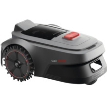 Šedá robotická sekačka s červeným tlačítkem stop