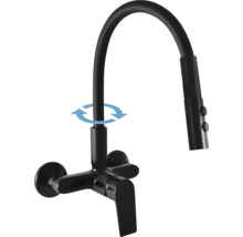 Černá kuchyňská baterie s flexibilním výtokem a indikátorem rozsahu otáčení