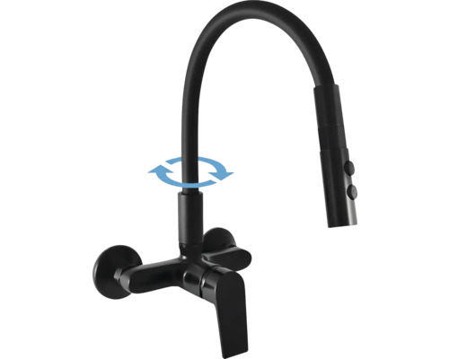 Černá kuchyňská baterie s flexibilním výtokem a indikátorem rozsahu otáčení