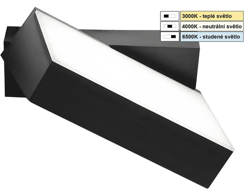 Černé LED nástěnné svítidlo s regulací teploty barev od 3000 Kelvinů do 6500 Kelvinů.