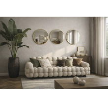 Obývací pokoj s čalouněnou pohovkou, dekorativními polštáři, pokojovou rostlinou v květináči a třemi kulatými zrcadly na zdi.