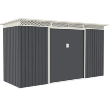 Kovový zahradní domek v šedé barvě s pultovou střechou, větracími mřížkami a posuvnými dveřmi.