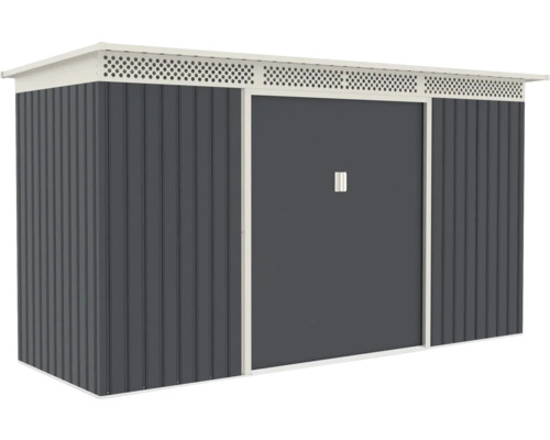 Kovový zahradní domek v šedé barvě s pultovou střechou, větracími mřížkami a posuvnými dveřmi.