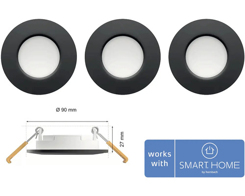 Tři LED vestavná svítidla o průměru 90 mm a logo Smart Home by Hornbach