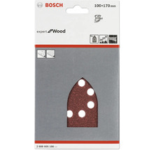 Logo Bosch. Šest brusných papírů na dřevo, přibližně 100x170 milimetrů.