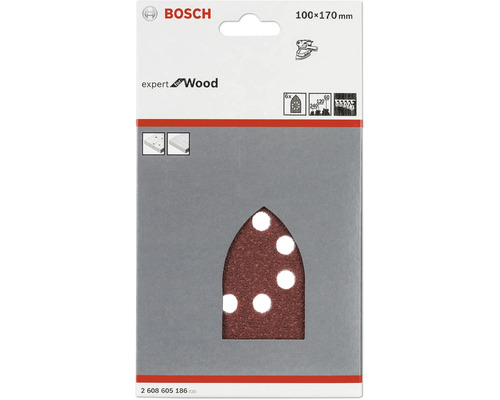 Logo Bosch. Šest brusných papírů na dřevo, přibližně 100x170 milimetrů.