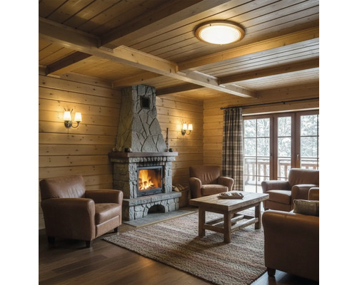 Obývací pokoj s dřevěnými stěnami, kamenným krbem a koženými křesly