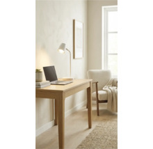 Světlá pracovna se stolem, lampou, notebookem a křeslem