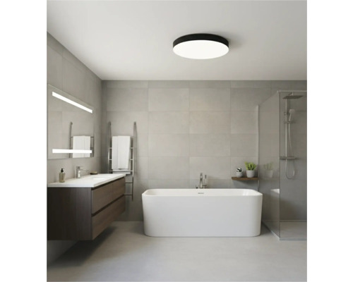 Světlá koupelna s vanou, sprchou, umyvadlem a stropním svítidlem