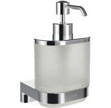 Nástěnný dávkovač mýdla Ravak z matného skla s chromovaným držákem a pumpičkou.