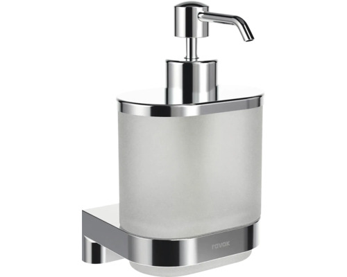 Nástěnný dávkovač mýdla Ravak z matného skla s chromovaným držákem a pumpičkou.