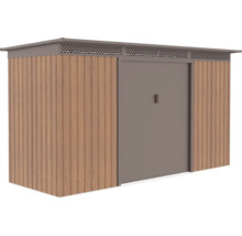 Moderní zahradní domek v dřevěném dekoru s plochou střechou, posuvnými dveřmi a větracími otvory pod okrajem střechy.