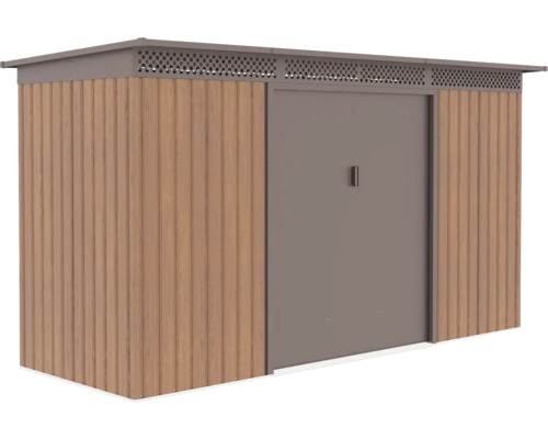 Moderní zahradní domek v dřevěném dekoru s plochou střechou, posuvnými dveřmi a větracími otvory pod okrajem střechy.