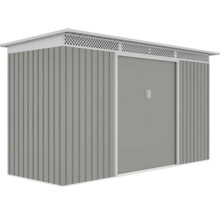 Šedý kovový zahradní domek s dvojitými posuvnými dveřmi, větrací lištou a pultovou střechou z vlnitého plechu.