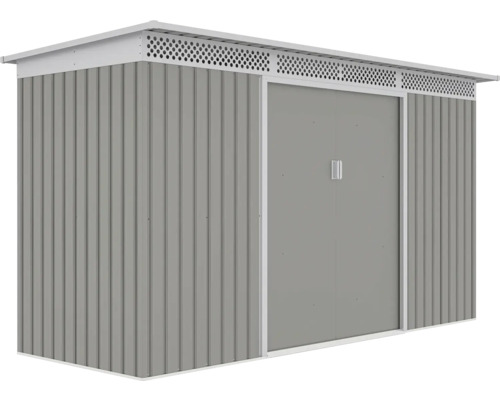Šedý kovový zahradní domek s dvojitými posuvnými dveřmi, větrací lištou a pultovou střechou z vlnitého plechu.