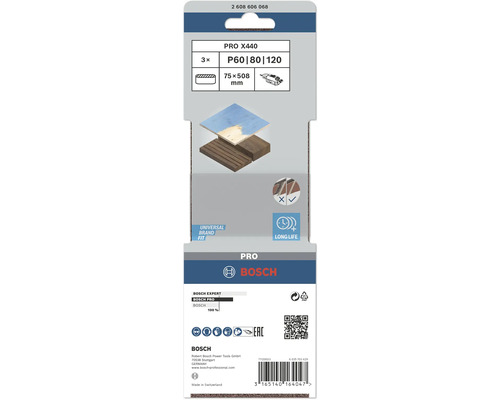 Brusné pásy Bosch Pro X440, zrnitost P60, P80 a P120, 75 x 508 milimetrů