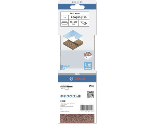 Sada brusných pásů Bosch PRO X440, zrnitost P60, P80 a P120, rozměr 75 x 533 milimetrů