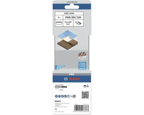 Sada brusných pásů Bosch PRO X440, zrnitost P60, P80 a P120, rozměr 75 x 457 milimetrů