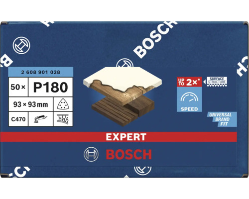Brusné papíry Bosch Expert, zrnitost P180, 93 x 93 milimetrů, 50 kusů