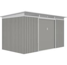 Kovový zahradní domek s plochou střechou, posuvnými dveřmi a větrací lištou.