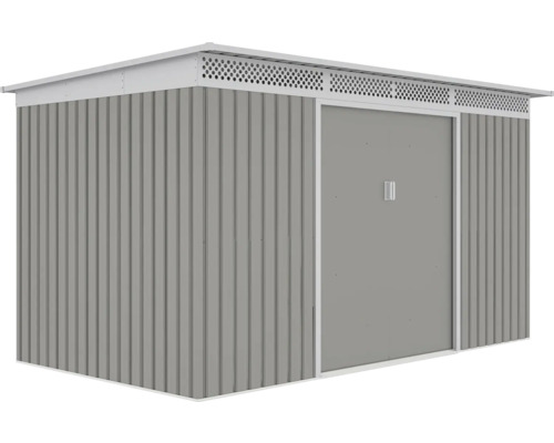 Kovový zahradní domek s plochou střechou, posuvnými dveřmi a větrací lištou.