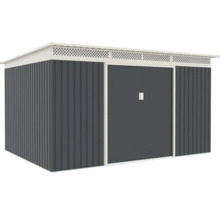 Moderní antracitový kovový zahradní domek s pultovou střechou, větrací lištou a posuvnými dveřmi.