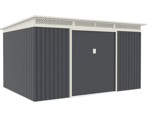 Moderní antracitový kovový zahradní domek s pultovou střechou, větrací lištou a posuvnými dveřmi.