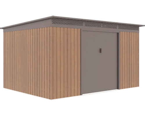 Moderní zahradní domek s pultovou střechou, stěnami v dekoru dřeva a šedými posuvnými dveřmi z kovu.