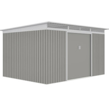 Kovový zahradní domek s pultovou střechou, vertikálním profilováním, posuvnými dveřmi a větracími otvory.