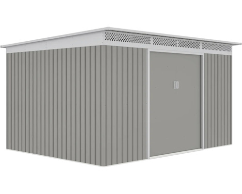 Kovový zahradní domek s pultovou střechou, vertikálním profilováním, posuvnými dveřmi a větracími otvory.