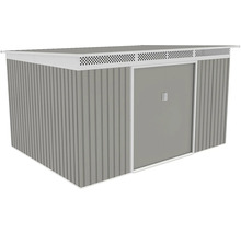 Šedý kovový zahradní domek s bílou pultovou střechou, posuvnými dveřmi a větracími otvory.