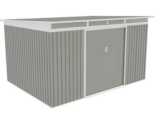 Šedý kovový zahradní domek s bílou pultovou střechou, posuvnými dveřmi a větracími otvory.