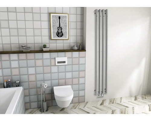 Moderní koupelna s toaletou, radiátorem na ručníky a dekorací