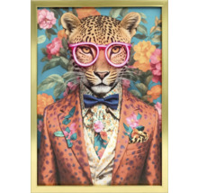 Zarámovaný obraz leoparda s brýlemi, motýlkem a sakem na květinovém pozadí