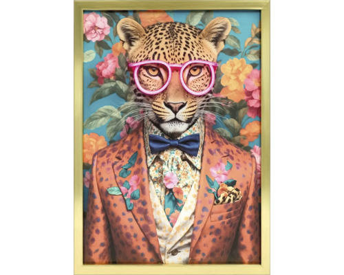 Zarámovaný obraz leoparda s brýlemi, motýlkem a sakem na květinovém pozadí