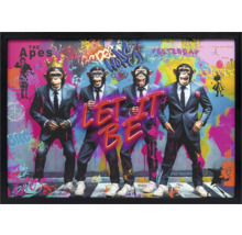 Zarámovaný nástěnný obraz se čtyřmi opicemi v oblecích na pozadí graffiti