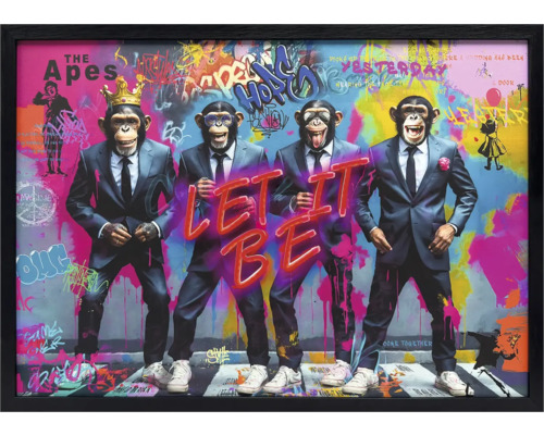 Zarámovaný nástěnný obraz se čtyřmi opicemi v oblecích na pozadí graffiti