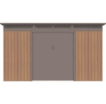 Kovový zahradní domek s dvoukřídlými dveřmi, bočními stěnami ve vzhledu dřeva a ventilační mřížkou.