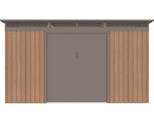 Kovový zahradní domek s dvoukřídlými dveřmi, bočními stěnami ve vzhledu dřeva a ventilační mřížkou.