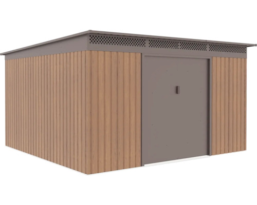 Moderní zahradní domek se stěnami v dekoru dřeva, šedou plochou střechou a širokými dveřmi.