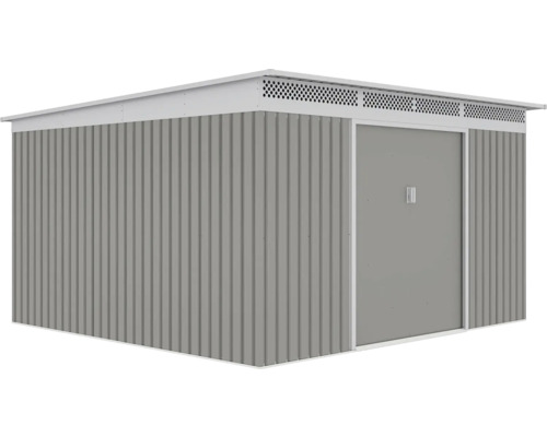 Šedý kovový zahradní domek s pultovou střechou, posuvnými dveřmi a větracími otvory.