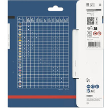 Zadní strana obalu Bosch s tabulkou materiálů pro pilové kotouče, Bosch Logo, symboly pro recyklaci a bezpečnost.