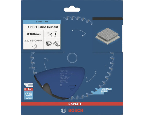 Pilový kotouč Bosch Expert Fibre Cement, průměr 160 milimetrů, otvor 20 milimetrů, 4 zuby, na vláknocement.