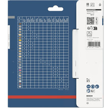 Zadní strana obalu pilového kotouče Bosch Expert s tabulkou materiálů, bezpečnostními symboly pro ochranné pomůcky a Bosch Logo.