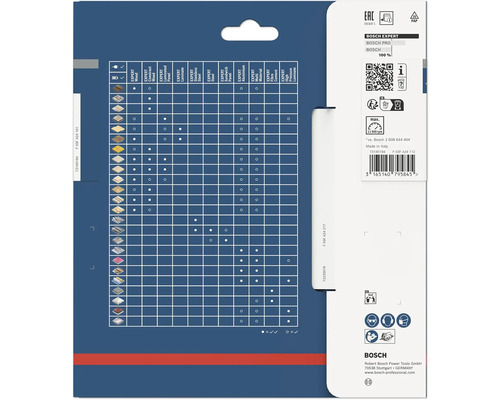 Zadní strana obalu pilového kotouče Bosch Expert s tabulkou materiálů, bezpečnostními symboly pro ochranné pomůcky a Bosch Logo.
