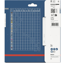 Zadní strana obalu Bosch Expert s tabulkou kompatibility materiálů, bezpečnostními symboly a Bosch Logo.