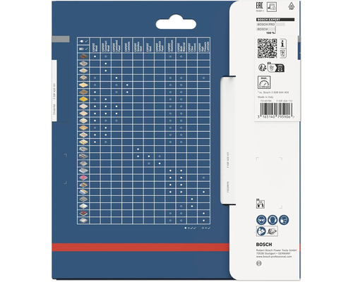 Zadní strana obalu Bosch Expert s tabulkou kompatibility materiálů, bezpečnostními symboly a Bosch Logo.